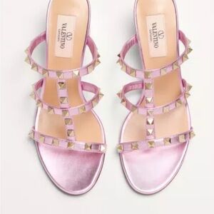 Valentino Pink Metallic Sandals with Gold Studs